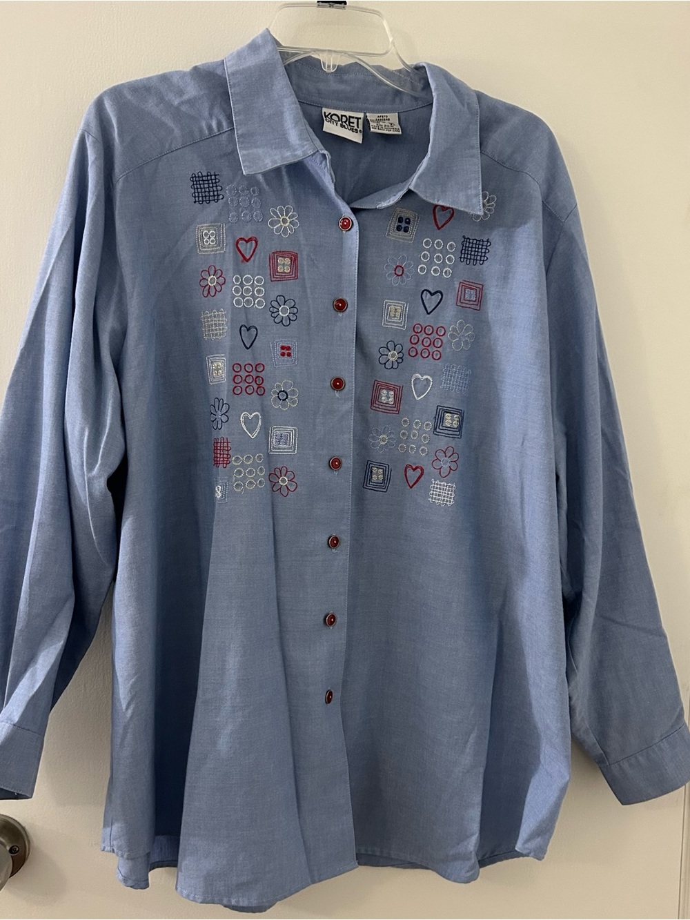 KORET Women's Blue Women's Blue Button Down Shirt with Embroidered Hearts
